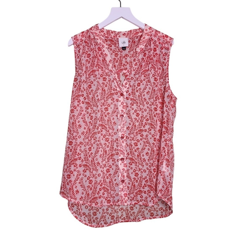 Cabi Sleeveless Top‎ Floral Poppy Print Orange Boho Cottage Curve Hem Preppy M